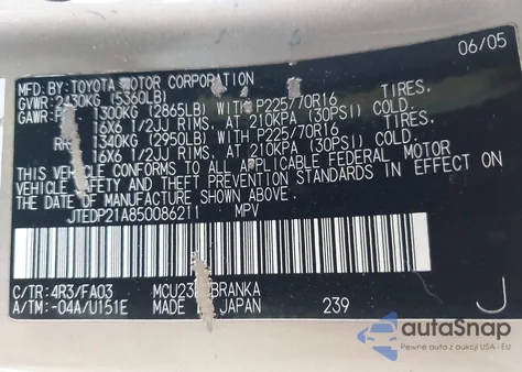 2005 Toyota Highlander V6 from USA, damaged, VIN JTEDP21A850086211